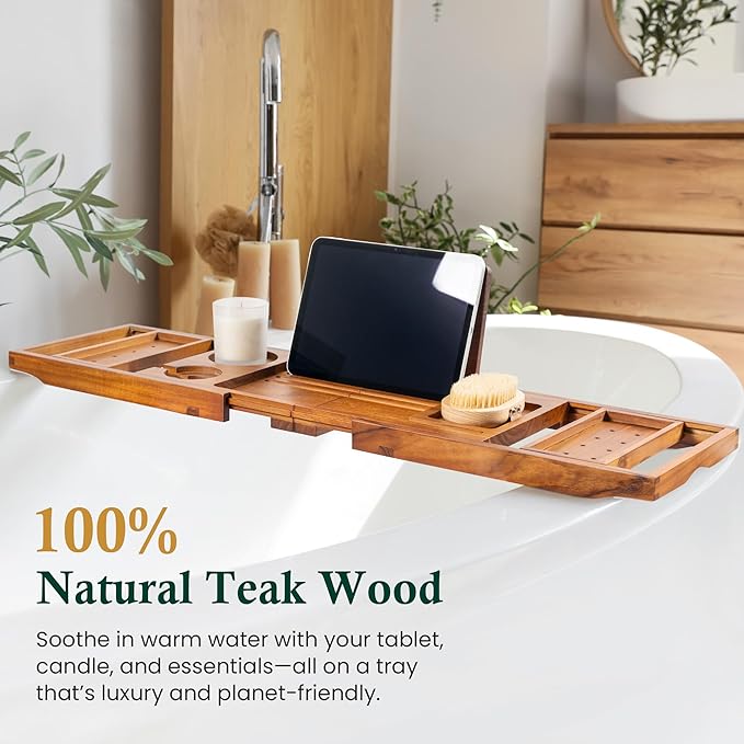 Teak Bathtub Tray, Bath Caddy with Wine Glass Holder, Phone Dock & Book Stand | Hands-Free Reading & Ultimate Spa Relaxation Experience-Natural