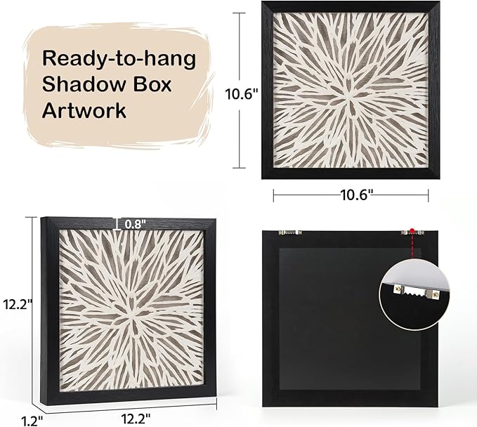 FOLKOR Framed Wall Art Black and White for Rustic Farmhouse Home Decor, 12" Rice Paper Neutral Wall Art Hanging Sculpture, Abstract Floral Artwork for Entryway Fireplace Above Bed Tv Accent