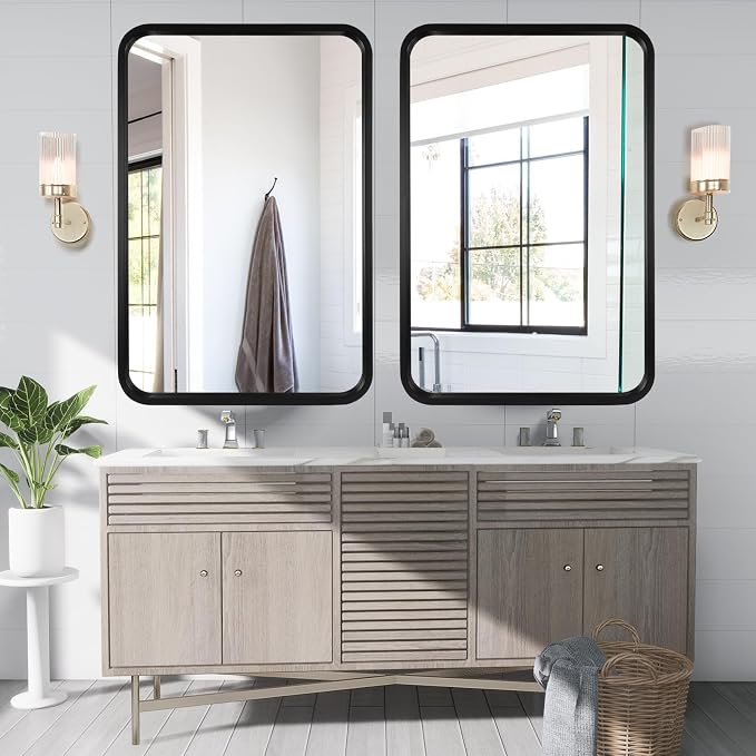WallBeyond 24x36 Inch Wood Mirror for Bathroom, Wooden Frame Wall Mirror Farmhouse Wall Mounted Rectangle Mirror for Vanity (Horizontal/Vertical Black Color)