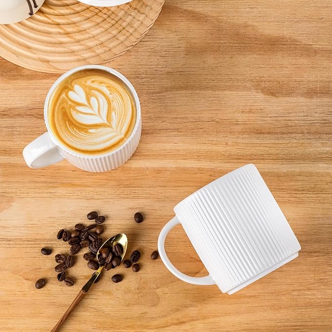 theterra Ceramic Coffee Mugs Set of 4, 14.2oz Handmade Coffee Cups with Handle for Latte, Tea, Milk, Beer, Hot Cocoa, Bright White