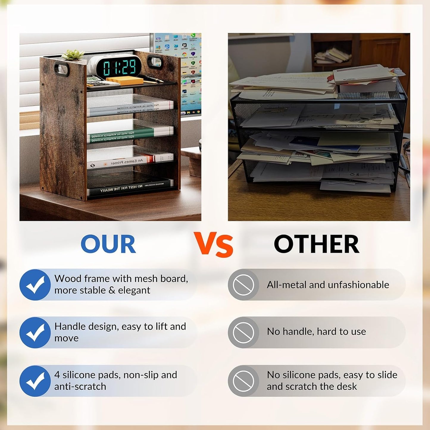 5 Tier Wood Paper Organizer - Metal Office Organizer with Handle | Mesh File Holder for Home & School