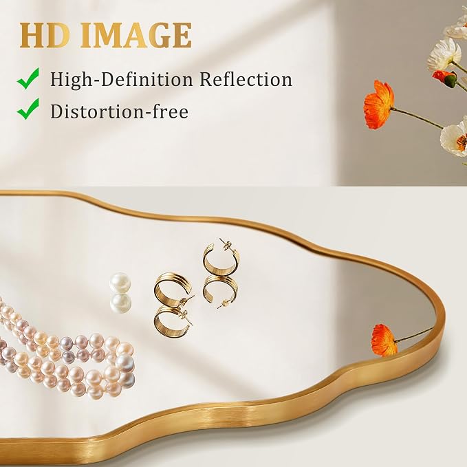 Scalloped Mirror for Bathroom - 20"x36" Gold Bathroom Mirror with Aviation Aluminum Alloy Frame & Shatter-Proof Glass for Living Room Bedroom Entryway, Brushed Gold Frame(x1)