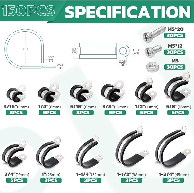 OURU 150PCS Cable Clamps with Screws Assortment Kit 304 Stainless Steel Rubber Coated Cushioned Insulated Wire Pipe Clamps 11 Sizes—3/16" 1/4" 5/16" 3/8" 1/2" 5/8" 3/4" 1" 1-1/4" 1-1/2" 1-3/4"