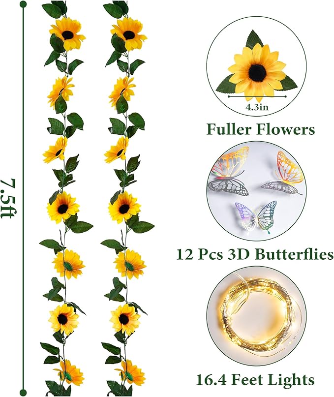 2 Pack Artificial Sunflower Garland with Lights Decor,Fake Hanging Sunflower Vines with Green Leaves,Silk Girasoles Flower Garlands for Birthday Wedding Tables Centerpieces Party Garden Decor