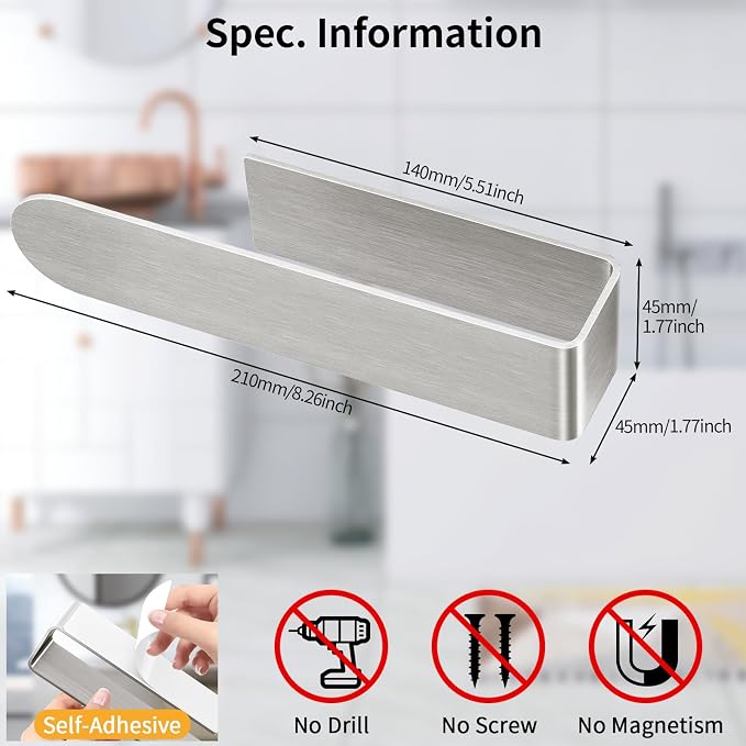 Adhesive Hand Towel Holder, 8 Inch Towel Holder for Bathroom Wall Mounted, Self Adhesive Square Stick on Towel Bar Wall for Kitchen Cabinet RV, Brushed Nickel (2 Pack)