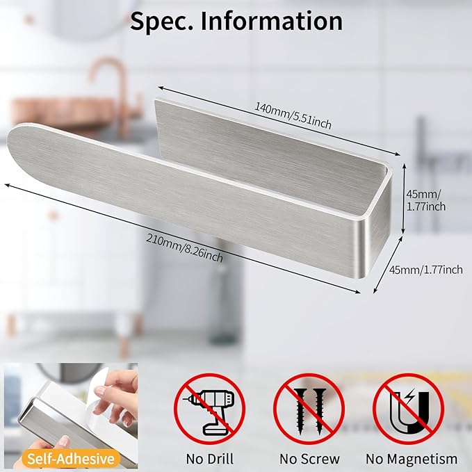 Adhesive Towel Holder, 8 Inch Self Adhesive Hand Towel Racks Bar Stick on Wall for Bathroom, Kitchen Cabinet, RV, Brushed Nickel