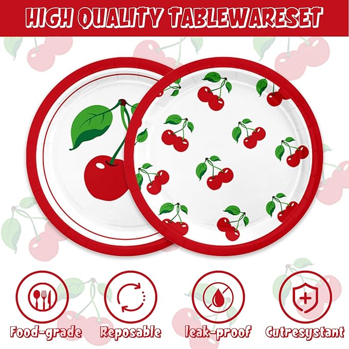 48PCS Cherry Birthday Party Decorations Cherry Themed Party Supplies Include Plates Napkins Forks for 16 Guests