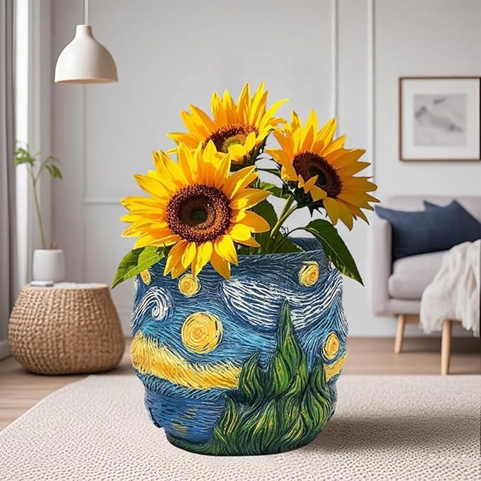 Van Gogh Inspired Planter Pots Cute Unique Starry Night Theme Flower Pots for Indoor Plant Acolorful Art Resin Vase for Home Desk Decoration