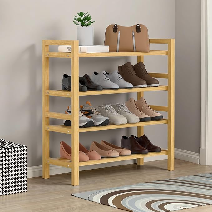 Haddockway Bamboo Shoe Rack for Closet, Free Standing Shoe Organizer with Smooth Round Rods & Convenient Handles, Stackable Shoe Storage Shelf for Entryway, Hallway(Natural, 4-Tier(Small))