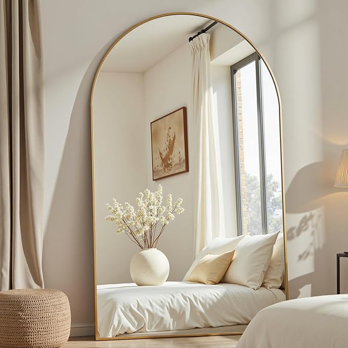 Dewfig Arched Full Length Mirror, 78"x38" Large Floor Mirror with Stand, Oversized Full Body Mirrors for Standing/Leaning/Hanging, Wall Mounted Mirrors for Bedroom, Living Room,Dressing Room, Gold