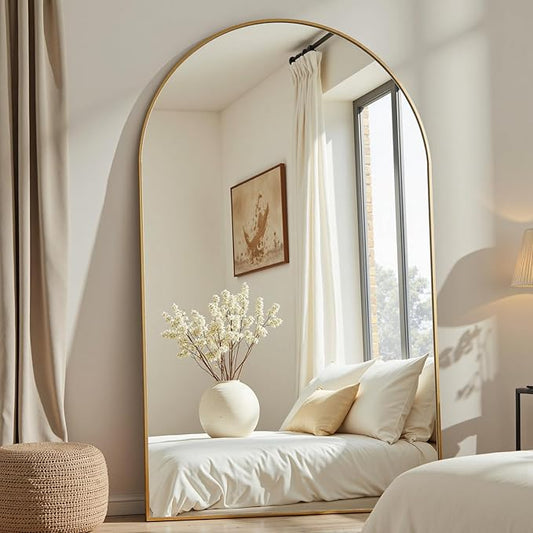 Dewfig Arched Full Length Mirror, 78"x38" Large Floor Mirror with Stand, Oversized Full Body Mirrors for Standing/Leaning/Hanging, Wall Mounted Mirrors for Bedroom, Living Room,Dressing Room, Gold