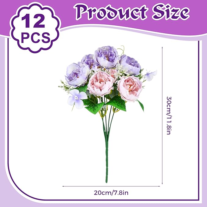 Olgaa 12 Bundles Peonies Artificial Flowers Fake Peony Bouquet Faux Peonies Flowers Bulk with Stems Flower Balls for Centerpiece Table Decorations Wedding Bridal Floral Arrangement (Purple)