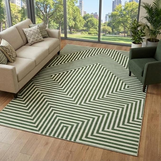 8x10 Washable Large Rug for Living Room Neutral Modern Geometric Lines Rugs for Dining Kids Room Playroom Low Pile Soft Bedroom Carpet Thin Foldable Modern Abstract Rug, Green