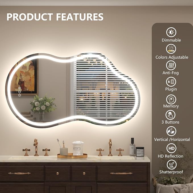 48x26 Inch Irregular LED Backlit Bathroom Mirror, Asymmetrical Cloud Led Lighted Vanity Mirror for Wall, Anit-Fog, Dimmable, Memory, 3 Colors, Shatterproof(Horizontal/Vertical)