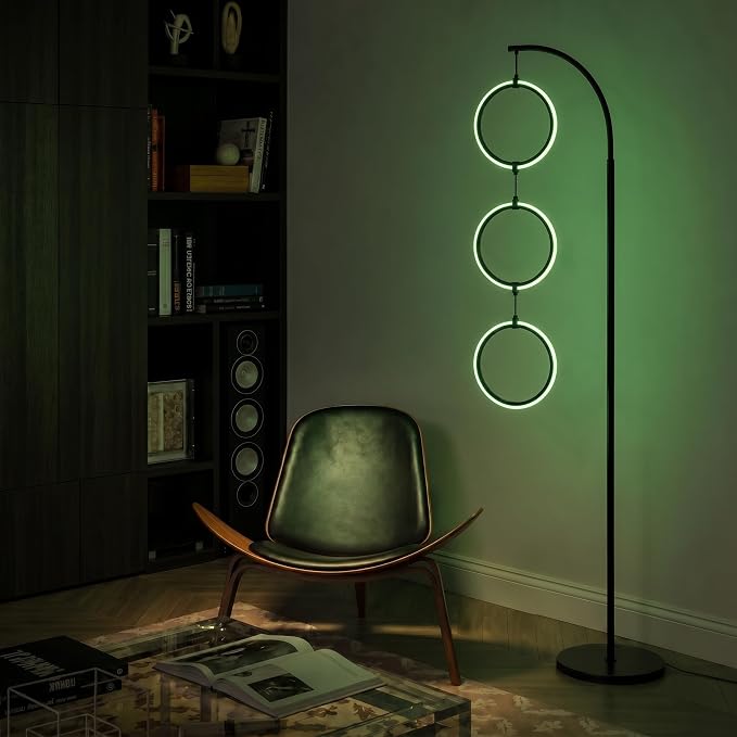 Brightech Nova Modern Color Changing Floor Lamp - LED Lamp with Stunning RGB Color Gradient and Contemporary 3-Circle Ring-Style Pendant - Corner or Over-The-Couch Arching Pole Standing Lamp - Black