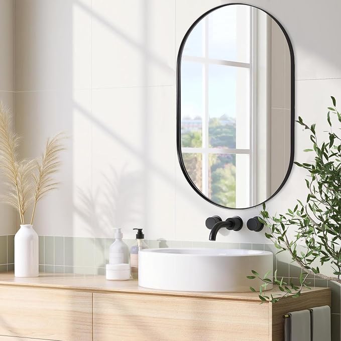 ANDY STAR Black Oval Mirror, 26x38'' Pill Shaped Mirror 1’’ Deep Metal Frame Wall Mounted Vertically&Horizontally Ideal for Limited Space