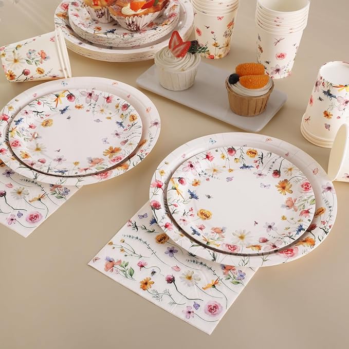 Wildflower Party Supplies Decorations 175PCS Floral Paper Plates and Napkins, Tea Party Plates and Cups Disposable Dinnerware Sets for Spring Butterfly Birthday Decorations, Serves 25