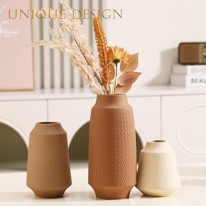 Ceramic Vase Set of 3 - Handcrafted Ceramic Vases for Home Decor & Shelf - Modern Farmhouse Decor for Kitchen, Office, Bedroom & Living Room Decorative Objects for Mantel, Table Centerpieces