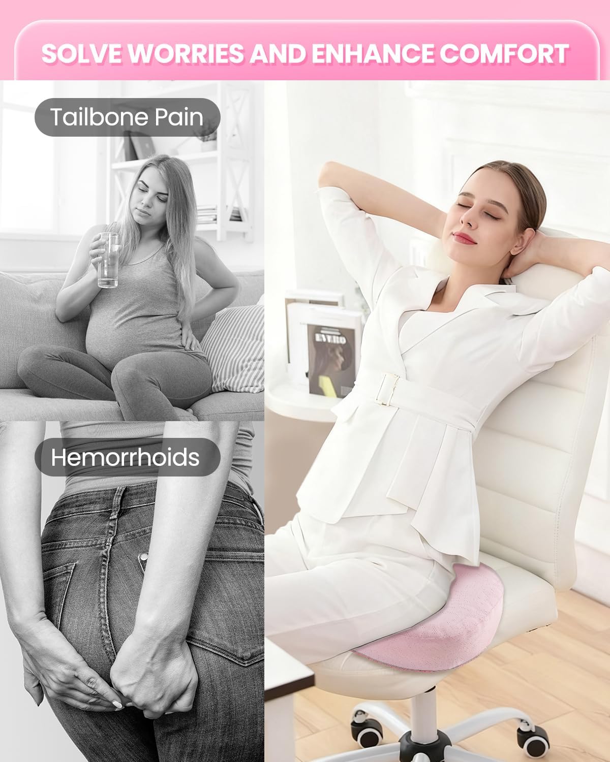 Skiennix Portable Donut Pillow - Memory Foam Tailbone Cushion with Non-Slip Cover | Pink for Pain Relief