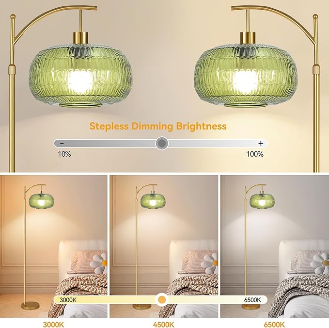 QIYIZM Glass Floor Lamp for Living Room,Bedroom,Gold Dimmable Standing Lamp with Remote,Green Mid Century Modern Brass Vintage Tall Lamp Floor Lamps Arc Boho Floor Light Lamp Bohemian