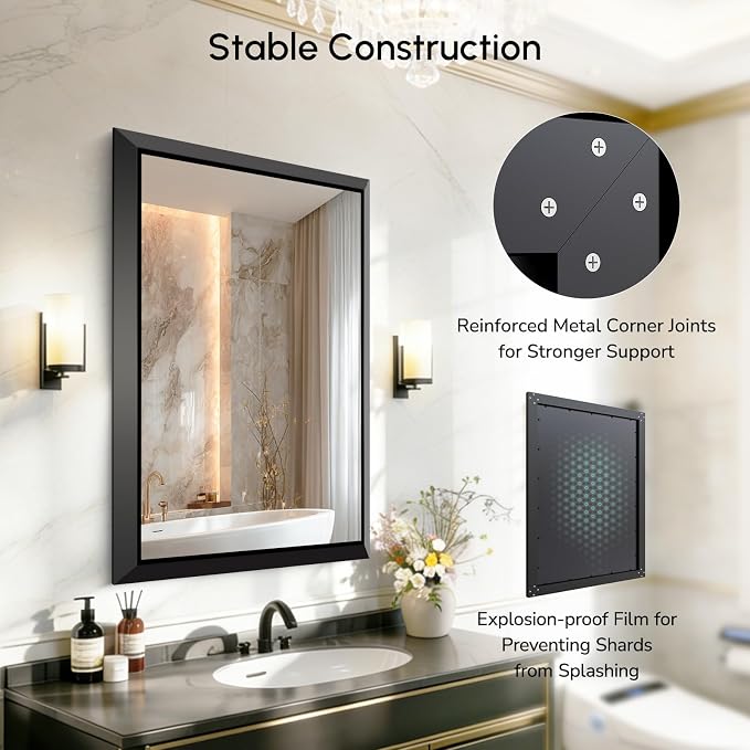 USHOWER 30x36 Inch Floating Bathroom Mirror - Brushed Black Wall Mirror for Over Sink, Anti-Rust, Modern HD Reflection Rectangular Beveled Aluminum Frame Vanity Mirror(Copper-Free Silver Coating)