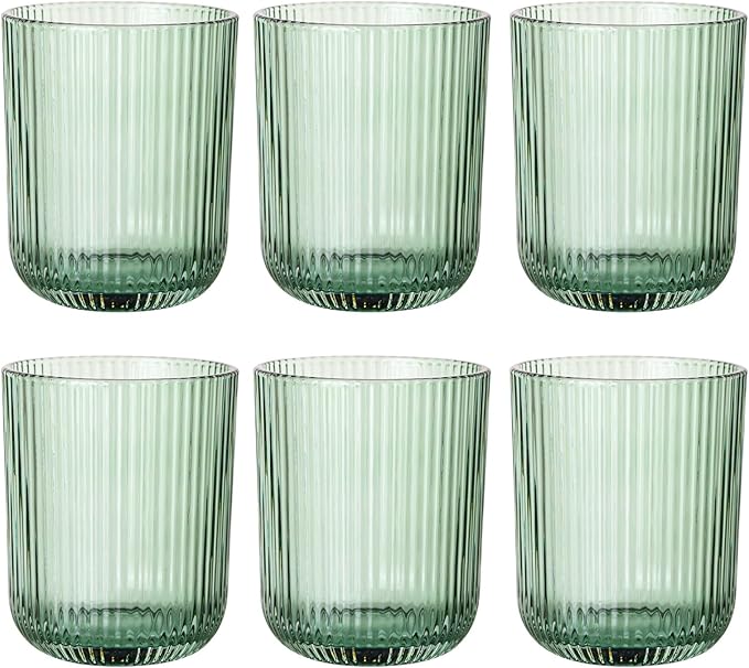 Green Ribbed Highball Glasses Set of 6, 8.5oz Sage Green Vintage Glassware, Drinking Glasses for Water, Juice, Coffee, Cocktails, Green Glass Cups, Housewarming & Christmas Gift