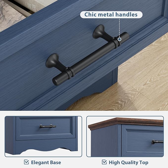 Blue Nightstand with Charging Station, 19.7" Farmhouse End Table with 3 Drawers Storage, Wooden Night Stand, Bed Side Table with Unique Base Design, 3 Drawer Dresser for Bedroom, Living Room