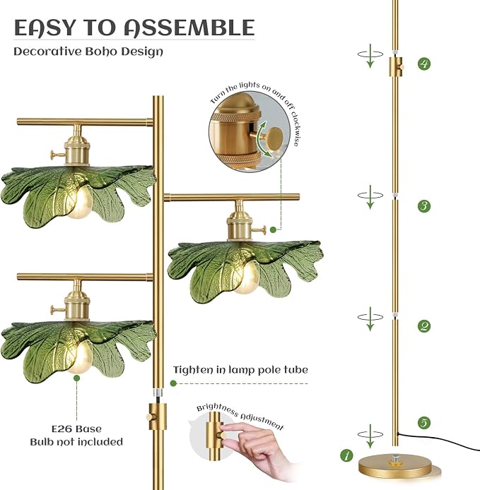 Dimmable Floor lamp 3 Light mid Century Modern Tall Floor lamp Standing Lamps Green Glass Floor Lamps 65" Gold Tall lamp for Living Room Corner Bedroom Farmhouse