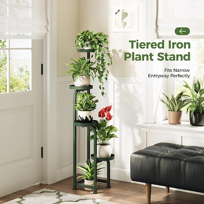 Bamworld Corner Plant Stand Indoor Outdoor, Tall Metal Flower Pot Stands for Multiple Plants, 4 Tier Dark Green Heavy Duty Plant Shelf for Patio Garden Balcony Living Room Bedroom(Patent Design)
