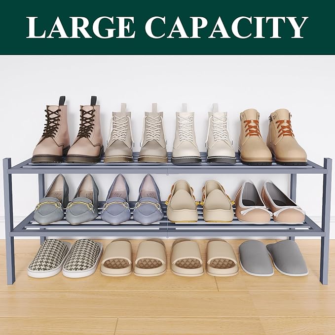 Smiry Long Bamboo Shoe Rack 2-Tier, Stackable Wooden Shoe Organizer for Entryway & Closet, Free Standing Wood Shoe Storage Shelf for Front Door & Small Spaces, Grey