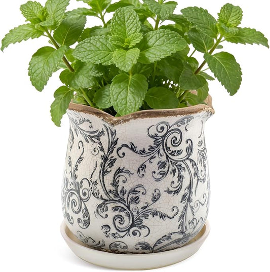 Ceramic-Planters-for-Indoor-Plants with Saucer, 6 inch Vintage Ice Crackle Glaze Plant Pots with Drainage Holes, Decorative Flower Pots for Outdoor Garden Home Decor, Tuscan Pot for Plant