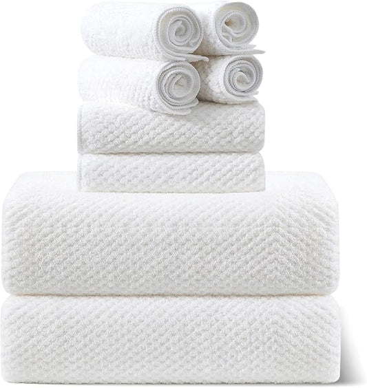 Smuge 8pcs Bath Towel Set, 2 Extra Large Bath Towel Sheets, 2 Hand Towels and 4 Washcloths- Highly Absorbent Microfiber,Ultra Soft Towel Set for Bathroom,Waffle Weave Design, Pack of 8 (White)
