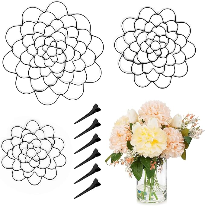 Flower Arrangement Holder Set 3Pcs - Stainless Steel Floral Grid Organizer - Wire Frog Insert for Vases Bouquets DIY Home Decor (Black)