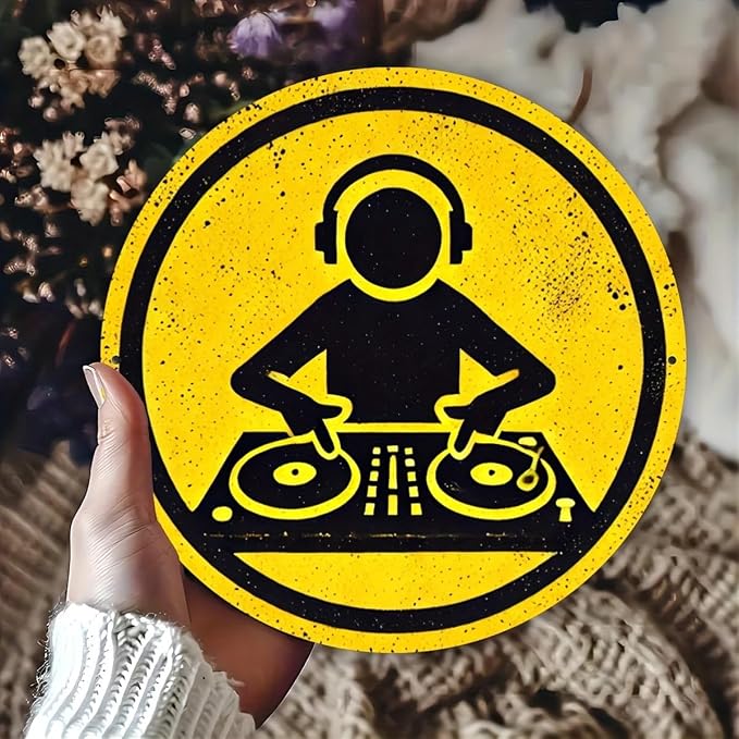 Vintage DJ Themed Iron Sign, 7.98x7.98 inches, Circular Wall Art, Multipurpose Home/Room/Restaurant/Bar/Café/Garage Decor, Wall Hanging, No Electricity Needed