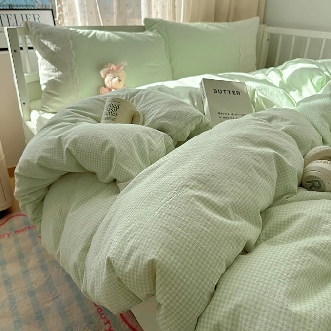 LifeTB Green Gingham Comforter Set Twin XL Romantic Lace Design Vintage Plaid Checkered Pattern Comforter with 2 Pillowcases Green Plaid Grid Bedding Comforter Set Fluffy Soft Gingham Bedding Set