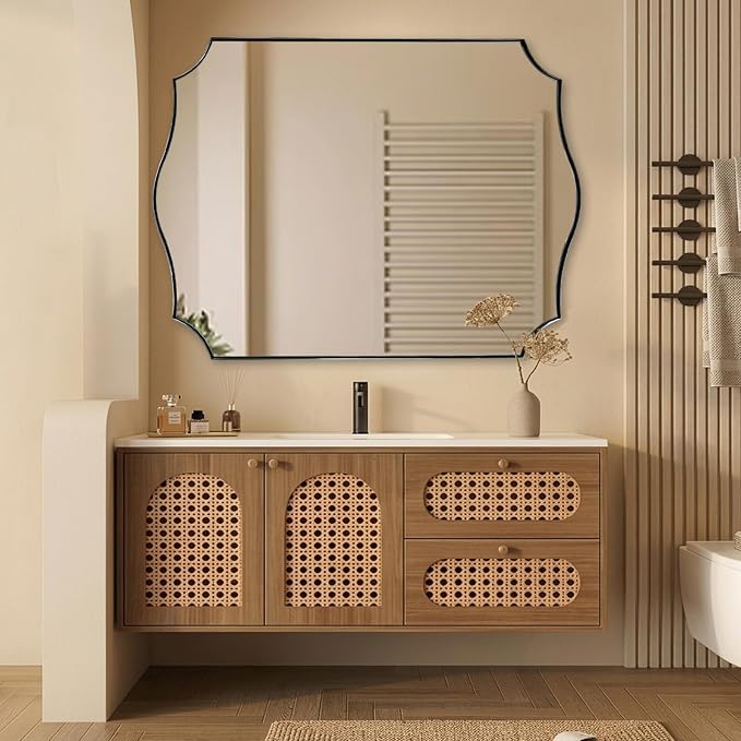 ANDY STAR 36x48 Inch Brushed Nickel Mirror, Silver Bathroom Mirrors for Vanity, Large Asymmetrical Mirror in Anti-Rust Stainless Steel Thin Frame, Elegant Curved Scallop Design, Ideal for Home Remodel