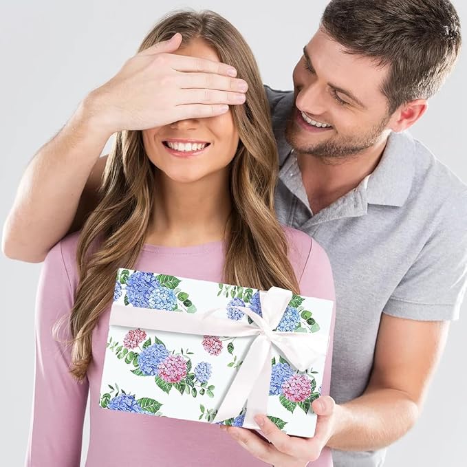 Geluode Floral Gift Wrapping Paper, Hydrangeas Wrapping Paper for Girls Lady Women, 4 Sheets Elegant Bridal Shower Engagement Gift Wrap For Birthday Wedding Anniversary Valentine's Day
