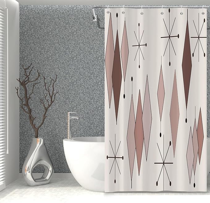 Mid Century Shower Curtain Abstract Light Brown Diamond Geometric Atomic Starburst Pattern Beige Backdrop for 1950s Retro Bathroom Decor Shower Curtain Set with 12 Hooks, 36x72 Inches