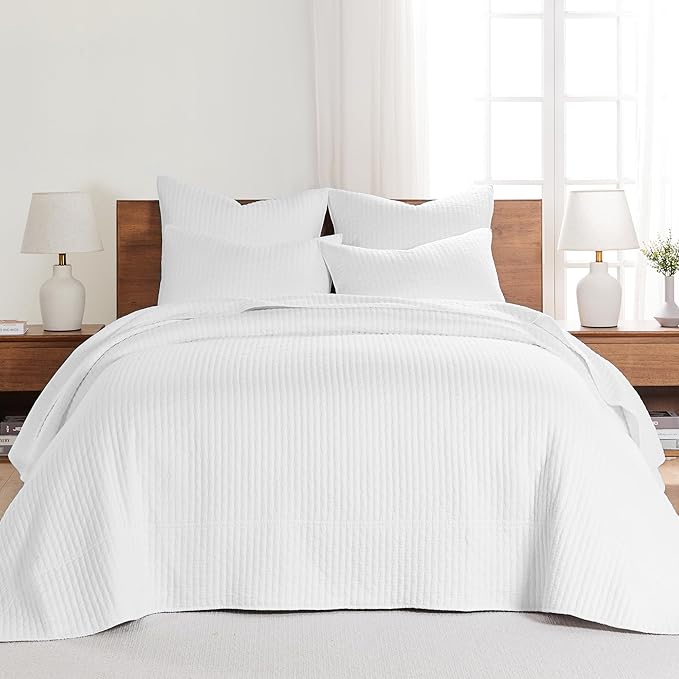 Levtex Home Cross Stitch Reversible King Bedspread Set (120x104in) with 2 Pillow Shams (36x20in) - Stitch Texture - Bright White - Cotton King Size Bedspread Set - Soft, Pre-Washed