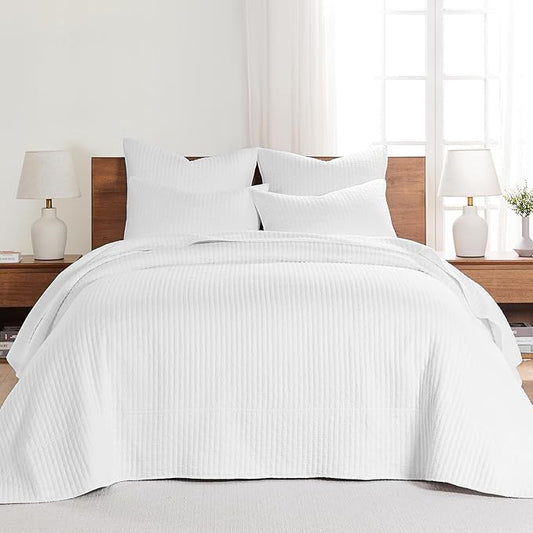 Levtex Home Cross Stitch Reversible King Bedspread Set (120x104in) with 2 Pillow Shams (36x20in) - Stitch Texture - Bright White - Cotton King Size Bedspread Set - Soft, Pre-Washed