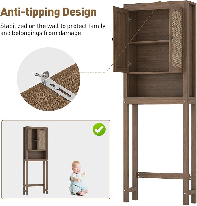 knoworld Rattan Over The Toilet Storage Cabinet, Above Toilet Bathroom Organizer with Adjustable Shelf, Behind Toilet Cabinet, Space Saver for Restroom, Bathroom, Laundry, Caramel Oak