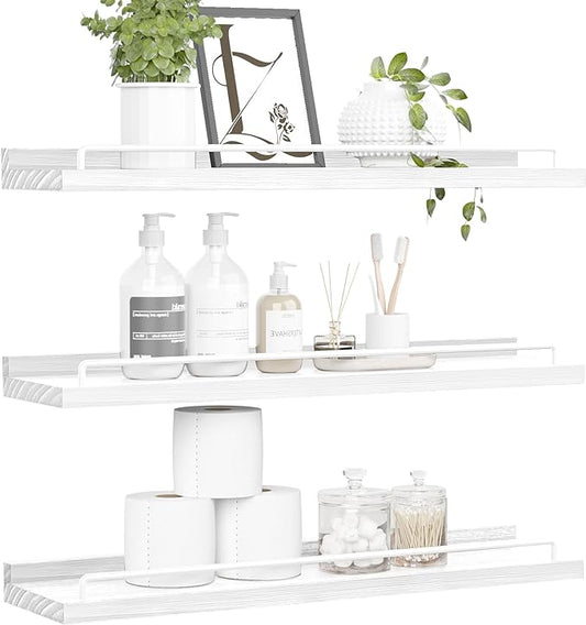 RYOFOBETTO 22 inches Long Floating Shelves, Bathroom Decor Shelves Over Toilet, Farmhouse Wall Shelves for Living Room, Bedroom, Picture Frames, Plants, Kitchen, Set of 3 (White)
