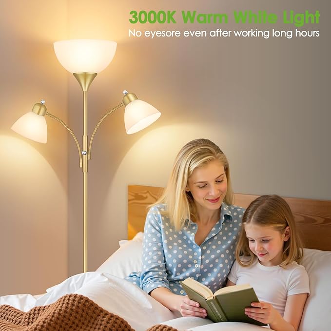 Coucrek Floor Lamp for Living Room,72" Dimmable Torchiere Lamp with 2 Reading Lights for Bedroom, Gold Tall Standing Room Lamp, 3 Bulbs Included