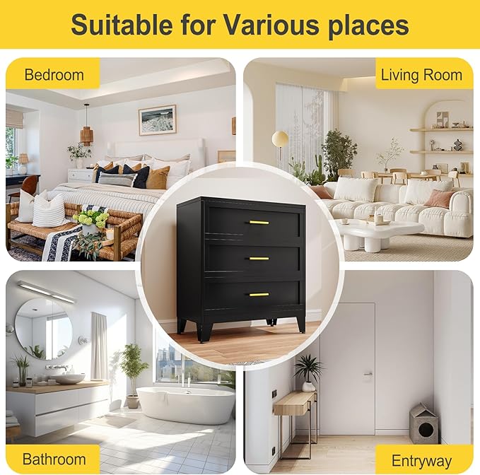 34.25" Tall Metal Dresser for Bedroom, 3 Drawer Black File Cabinet with Gold Handles, Dressers Chests with Fluted Panel, Vertical Drawer Storage Cabinet for Living Room, Entryway, Hallway