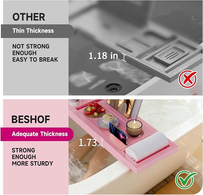 Foldable Bathtub Caddy Tray, Bamboo Bath Tub Tray Table for Tub with Wine Glass Holder Book Phone Tablet Holder with Extending Sides, Adjustable Bathroom Bathtub Free Soap Holder Gift Idea (Pink)