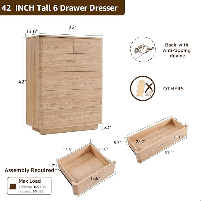 JXQTLINGMU 6 Drawer Dresser for Bedroom, 42" Tall Modern Push-to-Open Chest of Drawers, Wood Storage Organizer w/Curved Profile & Handleless Design for Bedroom, Living Room, Natural Oak