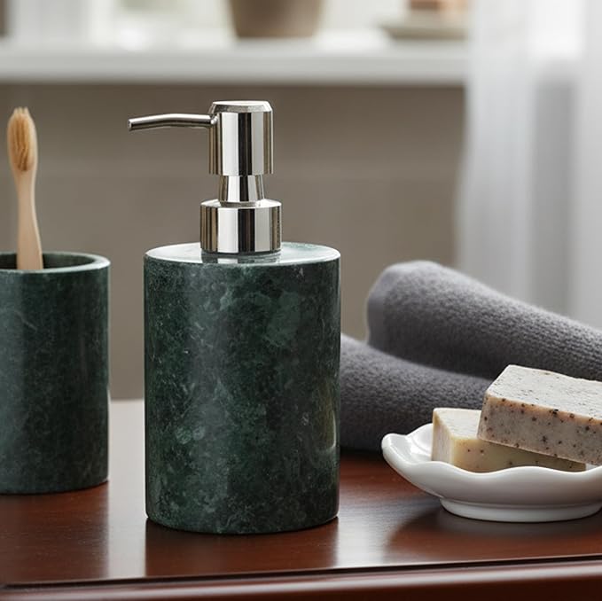 KLEO Soap/Lotion Dispenser - Made of Natural Stone in Green Color - Luxury Bathroom Accessories Bath Set (Green)