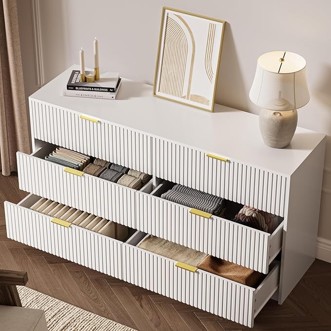 3-Piece Dresser Bedroom Set, 6 Drawer Dresser & 3 Drawer Nightstands with Gold Handles, Fluted Wood Chest of Drawers for Bedroom, Living Room, Entryway, White