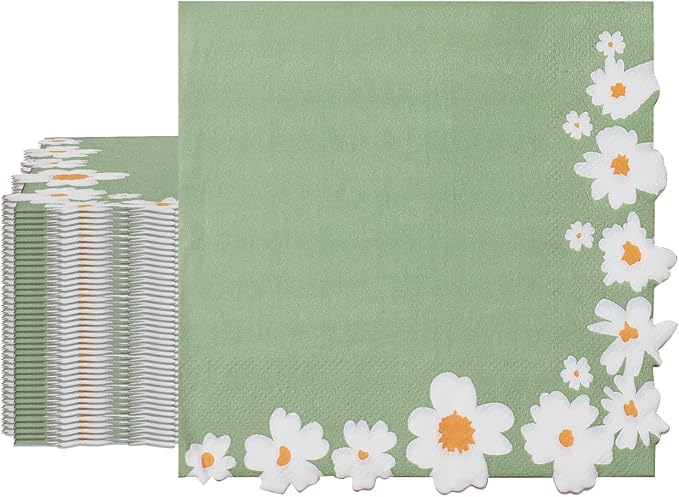 100 Pack Floral Napkins Decorative, Green & White Flowers Dessert Napkins 4-Ply Disposable Paper Luncheon Dinner Napkins for Wedding Birthday Baby Shower Bridal Party Picnics Folded 6.5 x 6.5 Inches
