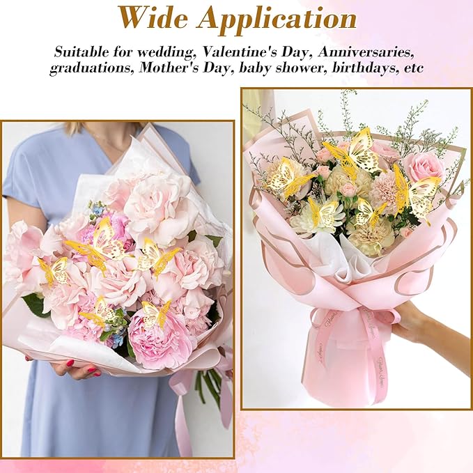 cridoz 20 Sheets Flower Bouquet Wrapping Paper with 12 Pieces Gold Butterfly Decorations for Flower Bouquets, Waterproof Floral Bouquet Wrapping Paper for Flower, Gift Wrapping(Pink)